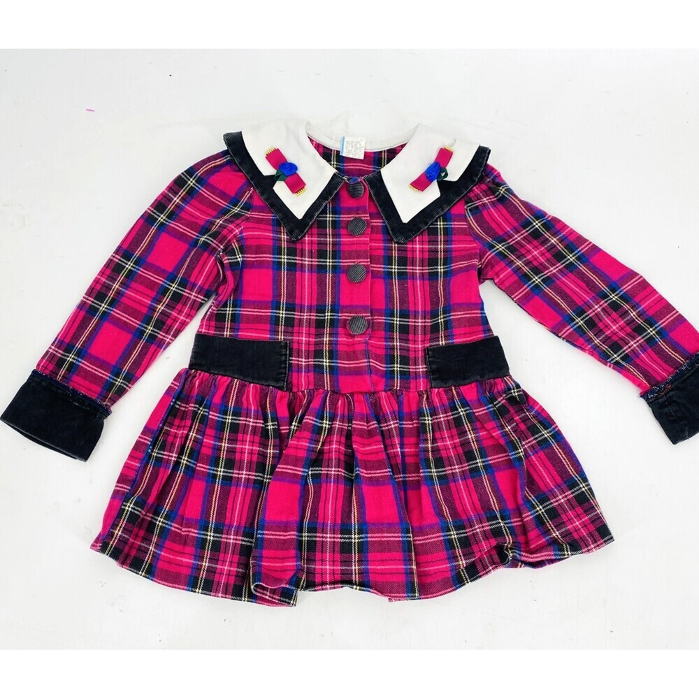 Vintage 1990’s Toddler Size 3 Girl’s Pink Black Plaid Long Sleeve Collared Dress